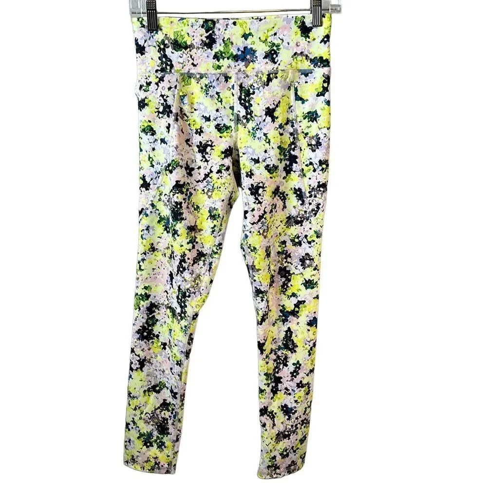 Old Navy Girls Powersoft High Rise 7/8 Ankle Leggings Yellow Floral XL (14-16) N